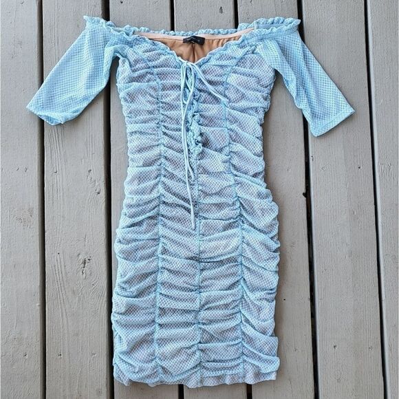 Majorelle Baby Blue Ava Off-The-Shoulder Ruched Bodycon Mini Dress Size Medium - Picture 3 of 7